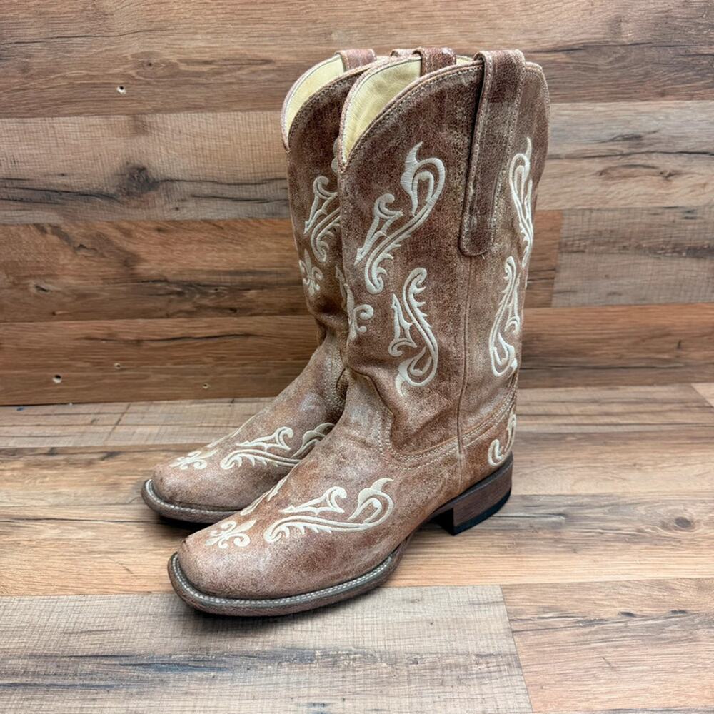 Corral Cortez Womens Boot 8M Fleur De Lis Western Leather Cowboy Boots Tan White